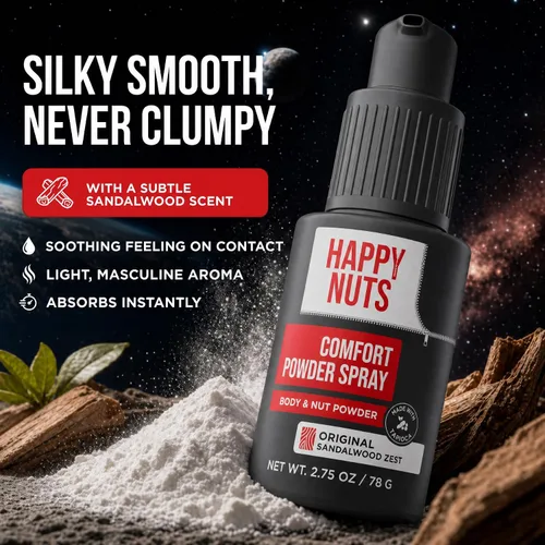 Vista 6 de Happy Nuts Comfort - Desodorante en aerosol en polvo para hombres: defensa del sudor antirozaduras, control de olor, sin aluminio, regalo perfecto