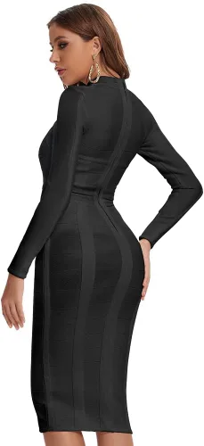 Vista 3 de HLBandage Elegante cuello alto manga larga ahueca hacia fuera celebridad vendaje vestido