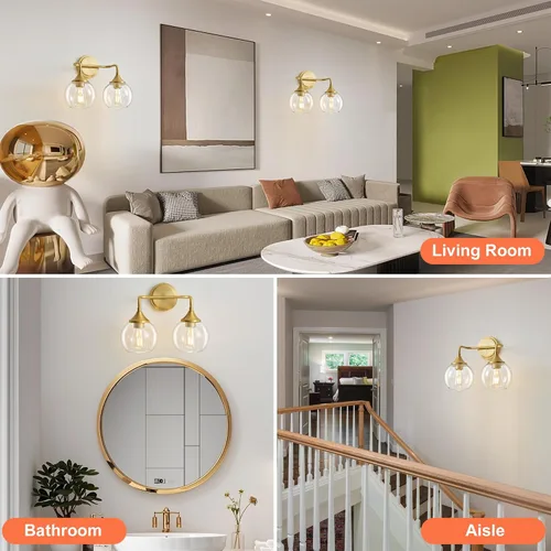 Vista 7 de Lámpara de Tocador de Baño Dorada con Pantalla de Vidrio Transparente, Base E26, Luminarias de Baño de 2 Luces Sobre Espejo, Luces de Tocador de 14