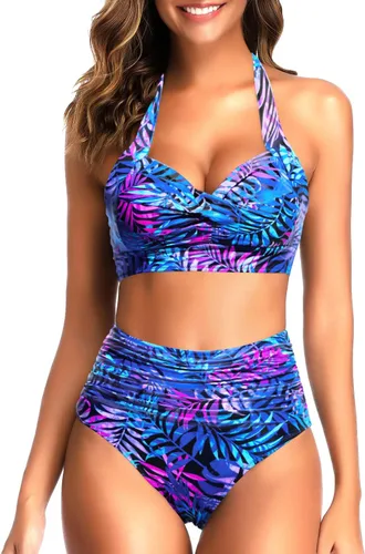 Vista 25 de Tempt Me - Traje de baño de dos piezas para mujer Bikini de cintura alta con cuello Halter vintage y retro, traje de baño con realce Bandera