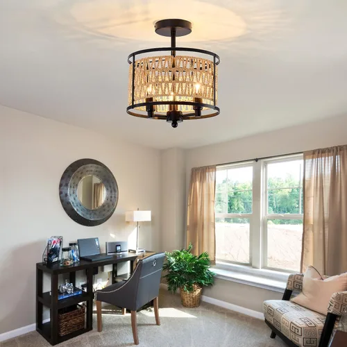 Vista 6 de Lámpara de techo de ratán de 3 luces, de 11 pulgadas, estilo bohemio, semiempotrada, lámpara de techo negra tejida a mano para casa de campo