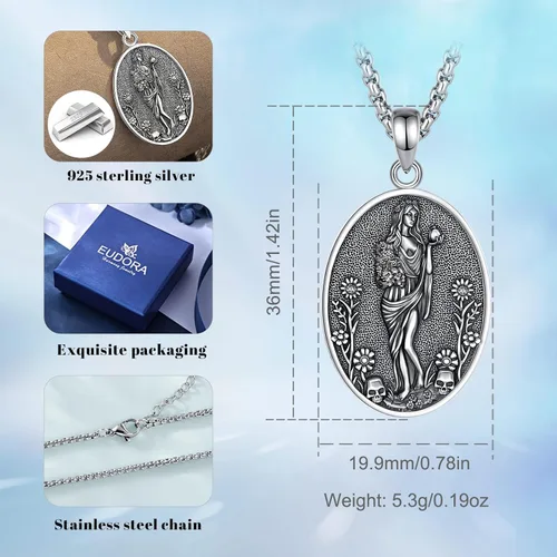 Vista 79 de EUDORA Collar de plata de ley 925 con moneda Hécate, Athena, Perséfono, Nyx, diosa de la luna triple, diosa celta, rueda de Hécate, llave, regalo