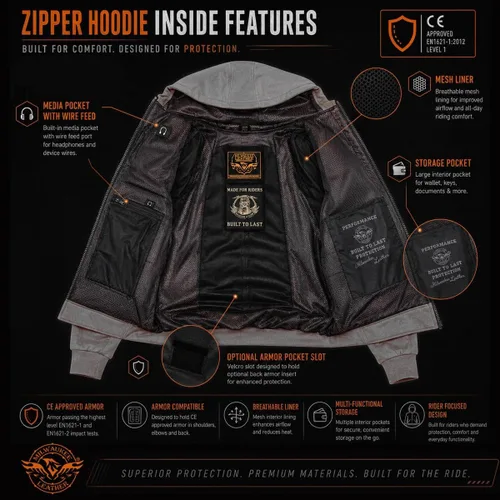 Vista 6 de Milwaukee Leather Sudadera con capucha protectora para hombre - Aramida reforzada con armadura de hombro y codo CE Grpm1788-negro