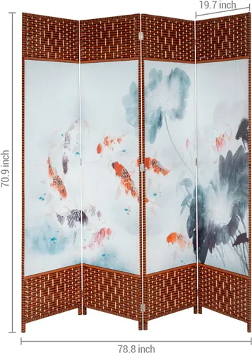 Vista 5 de MyGift Pantalla de división de pared de divisor de madera tejida de 4 paneles con diseño de estanque de loto y peces Koi