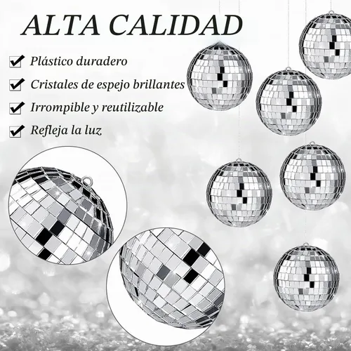 Vista 3 de 17 Piezas de Decoración de Bola de Discoteca: Bolas de Discoteca Colgantes de Espejo de Tamaño Variado Mini y Grande - Adornos de Navidad Plateados