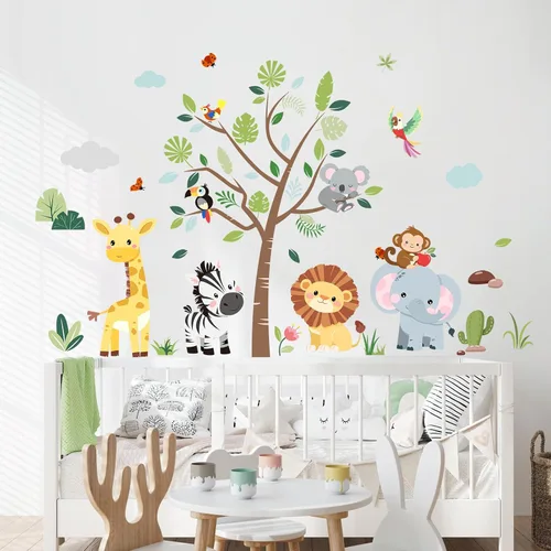 Vista 6 de Calcomanías de pared de animales de la selva, elefante, jirafa, león, cebra, calcomanías de pared para niños, dormitorio, sala de estar, guardería