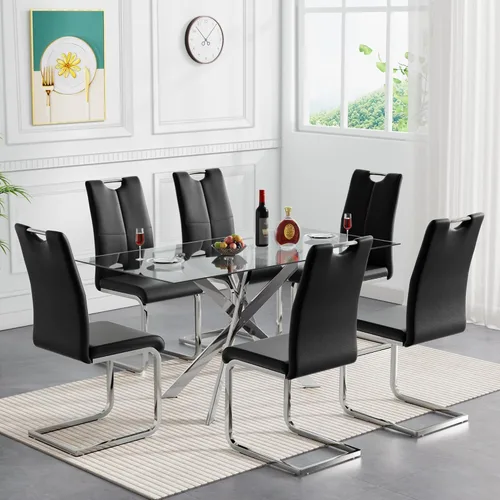Vista 15 de SSLine Mesa de comedor moderna de cristal, rectangular de 51 pulgadas, color negro con patas de metal diseñadas en X para cocina y comedor