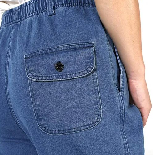 Vista 5 de Locachy Pantalones de mezclilla de cintura elástica para hombre, estilo casual, sueltos, rectos