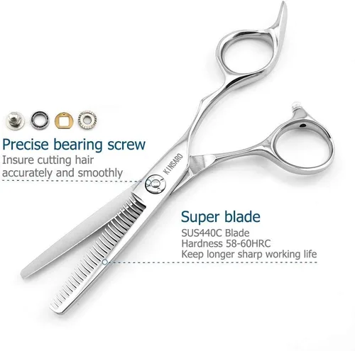 Vista 3 de Tijeras de corte de cabello de 5.5 pulgadas y tijeras de adelgazamiento de cabello de 5.75 pulgadas Tijeras de peluquería de peluquería 440C Kinsaro