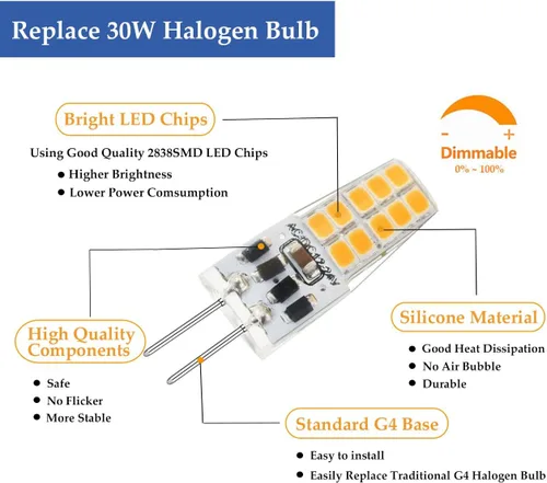 Vista 4 de Bombilla LED G4 regulable de 12 V, 24 V, tipo JC, equivalente a halógeno T3 G4 de 20 a 30 W, 2700 K blanco cálido, base G4 de dos pines, 300 lm
