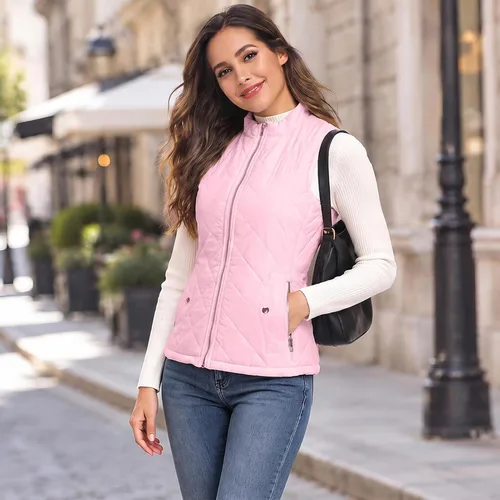 Vista 4 de LONGKING Chaleco de mujer, cuello alto, ligero, con cremallera, acolchado para mujer Rosa