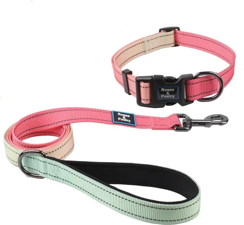 Vista 16 de Roses&Poetry - Juego de collar y correa reflectante para perros pequeños, arneses para cachorros con collares, collar y correa de nailon ajustable