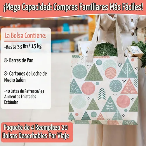 Vista 5 de VENO Paquete de 4 bolsas de comestibles reutilizables de Navidad, bolsas de compras resistentes con asas, para carrito de compras con parte inferior