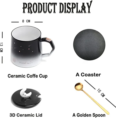 Vista 3 de Arawat Bonita taza con tapa de estrella y luna 3D, tazas de café divertidas de 14.2 fl oz/14 onzas, tazas de té con cuchara y posavasos, taza