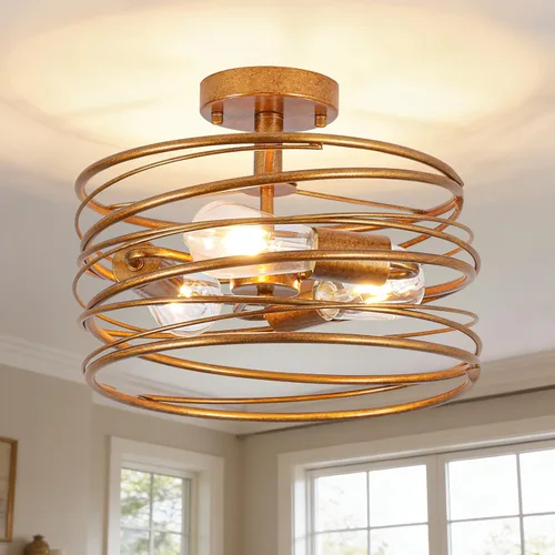 Vista 9 de Lámpara de techo de 3 luces rústica en forma de tambor, lámpara colgante semiempotrada negra, candelabros de granja retro de metal tipo jaula