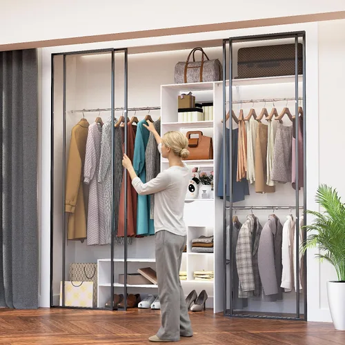 Vista 2 de Sistema organizador de armario de madera, organizador de armario con 3 varillas para colgar y 1 cajón de madera, sistema de armario ajustable