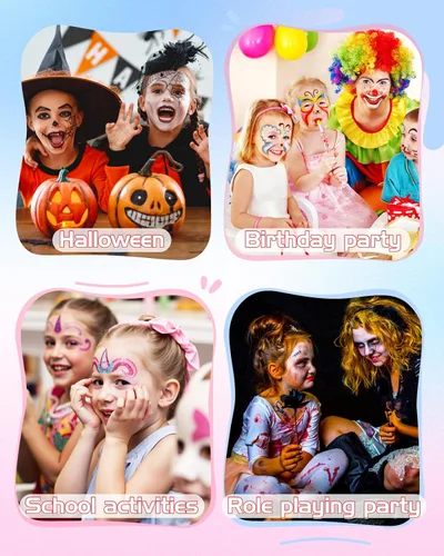 Vista 7 de Lictin Pintura Facial a Base de Agua - Kit de Pintura Facial de 18 Colores con Plantillas y Brochas, Kit de Maquillaje de Halloween para Adultos
