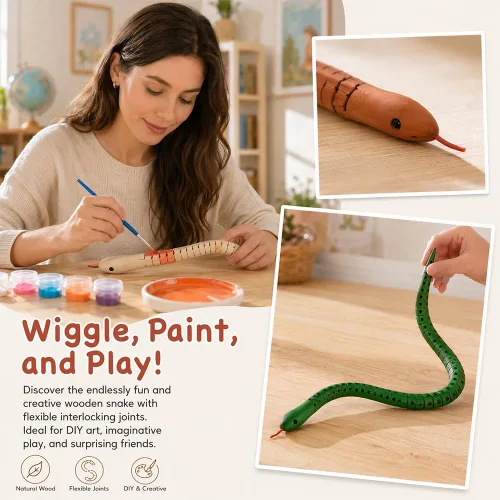 Vista 4 de Serpientes de madera sin terminar de madera Wiggly Snake articuladas flexibles para pintar en blanco, modelo de manualidades para artes