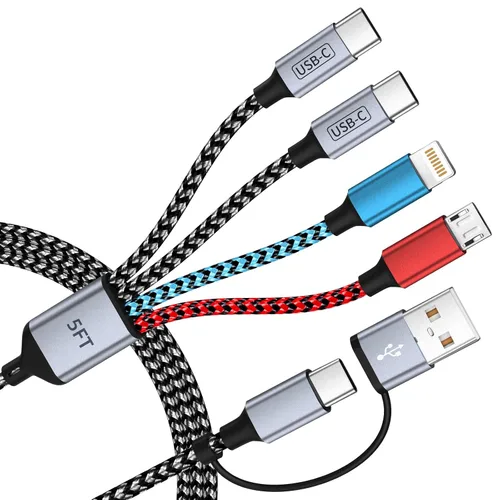 Vista 10 de Cargador de teléfono de 90 grados, cable de carga múltiple 4 en 2, cable USB C CarPlay con doble tipo C, micro USB, puerto IP, cable USBC de nailon