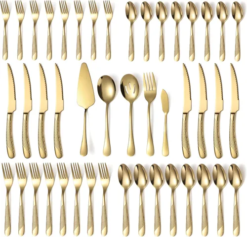 Vista 8 de Juego de cubiertos de acero inoxidable de 45 piezas para 8 personas con utensilios para servir, incluye tenedor, cuchillo, cuchara, cubiertos