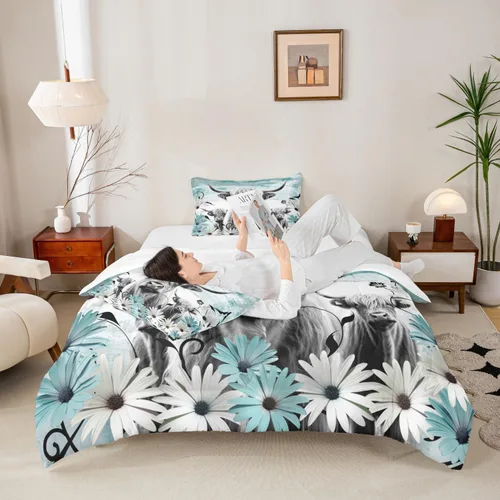 Vista 3 de Erosebridal Juego de edredón con estampado de vaca de las Highland, juego de ropa de cama de granja occidental verde azulado, decoración rústica