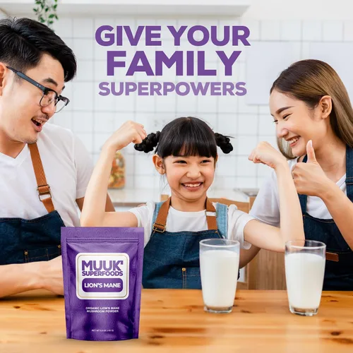 Vista 3 de MUUK' SUPERFOODS Polvo de hongo de melena de león orgánico puro Impulso cerebral, fabricado en Estados Unidos 3.5 oz (100 g), 60 porciones