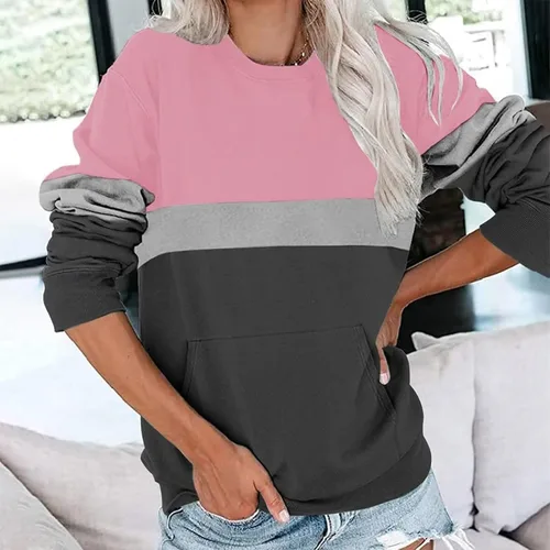 Vista 3 de Sudaderas de otoño para mujer, color liso, manga larga, cuello redondo, informal, con bolsillo, holgadas, cómodas