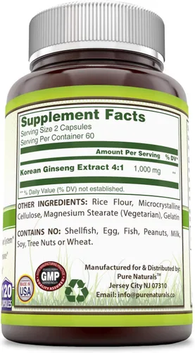 Vista 3 de Pure Naturals Complejo de ginseng - 1000 mg por porción, 120 cápsulas por botella - Apoya la función inmunológica saludable, la salud del cerebro