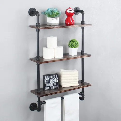 Vista 15 de MBQQ Estantes de tubería para baño en negro y blanco con toallero sobre el inodoro, estantes flotantes de 24 pulgadas de madera de pino para montaje