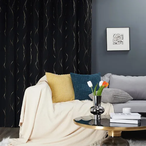 Vista 3 de Deconovo - Cortinas opacas con diseño dorado estampado y ojales, negro, de 42 pulgadas de ancho x 45 pulgadas de largo