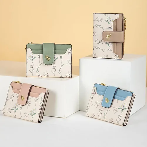 Vista 7 de Billeteras pequeñas para mujer, de cuero, plegable, con cremallera, con bolsillo con cremallera, lindo soporte para tarjetas de crédito, monedero