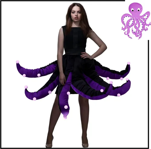 Vista 4 de Funtery Disfraz de pulpo para mujer, vestido de pulpo negro y morado, tentáculos largos, disfraz de bruja de Halloween para adultos (29.5 pulgadas)