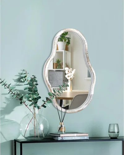 Vista 7 de Espejos asimétricos para pared, espejo de marco de madera irregular blanco, moderno, único, ondulado, para colgar en el baño, tocador, dormitorio