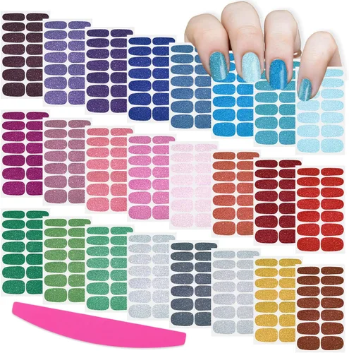 Vista 13 de 24 hojas de envolturas de uñas de color sólido para mujeres, tiras de esmalte de uñas autoadhesivas, tiras de uñas de gel para arte de uñas