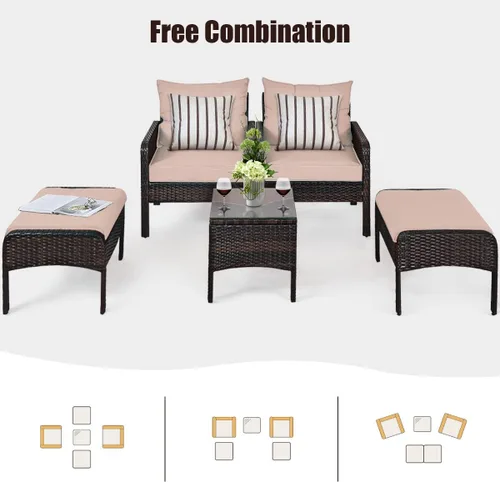 Vista 9 de Juego de muebles de patio de 5 piezas, silla de mimbre de ratán para conversación al aire libre con 2 otomanas y mesa de centro de vidrio templado