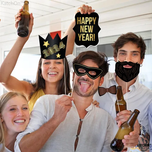 Vista 7 de Accesorios grandes para cabina de fotos de Año Nuevo 2023 – Paquete de 26 Accesorios de cabina de fotos de Año Nuevo de papel negro dorado