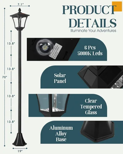 Vista 6 de Lámpara solar de 70 pulgadas para poste de luz exterior impermeable IP65, postes de lámpara solar iluminación al aire libre, luces LED exteriores