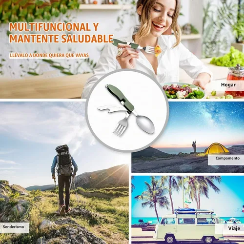 Vista 5 de HIKENTURE 4 en 1 Utensilios para Camping, Juego de Cubertería de Acero Inoxidable con Cuchara, Tenedor, Cuchillo y Abrebotellas, Cubiertos