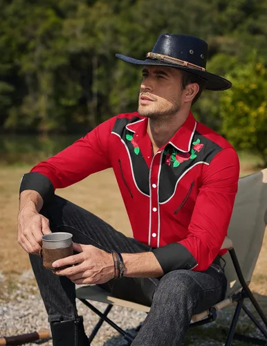 Vista 2 de COOFANDY Men's Cowboy Shirts Embroidered Rose Design Shirt Western Long Sleeve Button Down Shirt