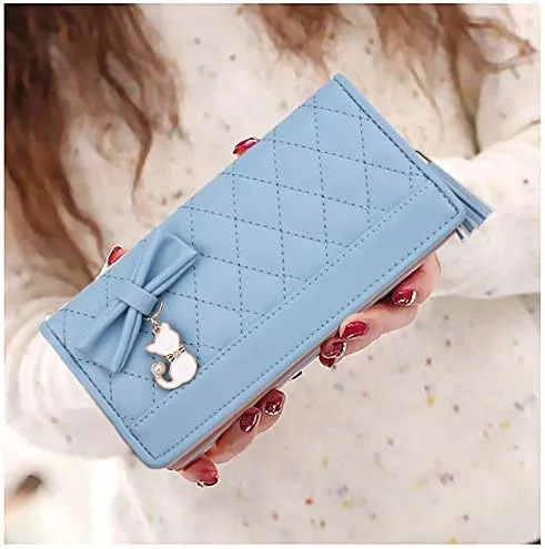 Vista 2 de UTO Cartera de piel sintética para mujer, de gran capacidad, colgante de gato, soporte para teléfono, organizador de chequera, con cremallera