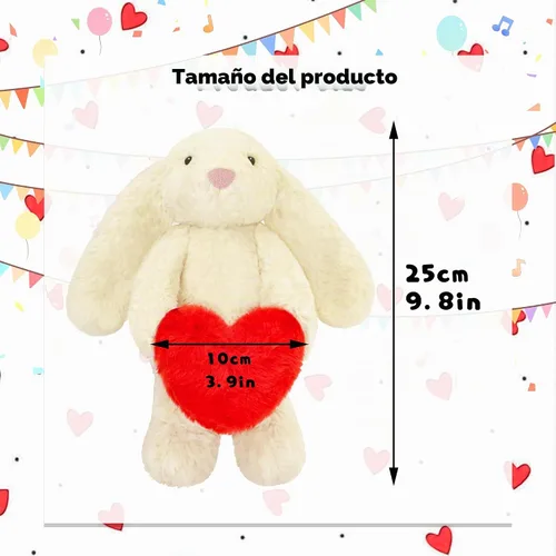 Vista 5 de Animal de peluche de conejo, adorable conejo suave con corazón de sujeción para el día de San Valentín, dulce regalo romántico de cumpleaños