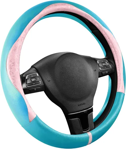 Vista 11 de PIC AUTO Funda para volante, diseño de retazos de cuero negro estampado y azul, ajuste universal de 14.5 a 15.5 pulgadas, antideslizante, sin olor