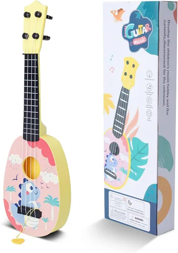 Vista 8 de YOLOPLUS+ Ukelele de juguete para niños, juguete musical de guitarra para niños, 4 cuerdas de acero de 17 pulgadas, con púa, juego educativo