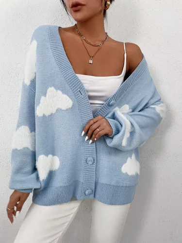 Vista 4 de SOLY HUX Suéter de punto de manga larga con cuello en V y botones para mujer, Azul