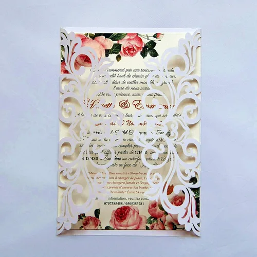Vista 15 de 25 tarjetas de invitaciones de boda cortadas con láser de terracota con sobres, hojas interiores en blanco, cintas para boda, despedida de soltera