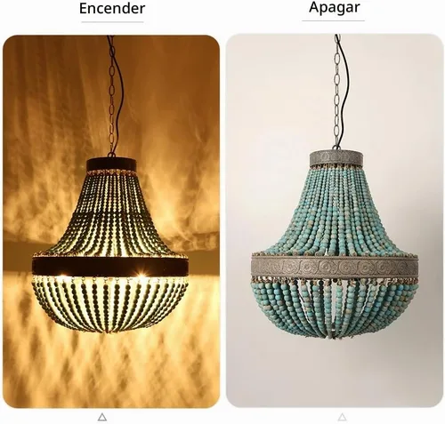 Vista 4 de Lámpara de techo con cuentas de madera en acabado gris y azul, estilo bohemio boho, para playa, accesorios de iluminación para techo