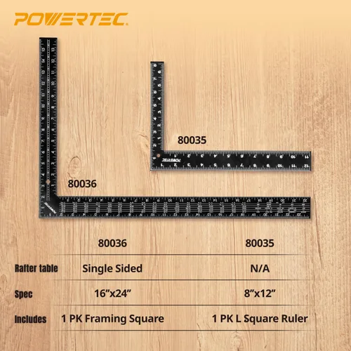 Vista 7 de POWERTEC Escuadra de encuadre, escuadra de carpintero de acero de 16 x 24 pulgadas con tablas de caballetes, herramientas de encuadre y regla
