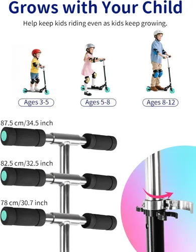 Vista 4 de BELEEV V1 Patinetas para niños, patineta plegable de 2 ruedas para niños y niñas, 3 alturas ajustables, ruedas iluminadas, patineta ligera