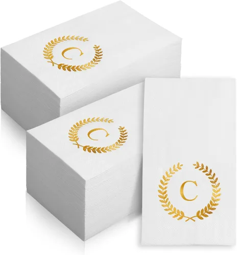 Vista 17 de Paquete de 200 servilletas desechables con monograma de papel de aluminio dorado con letra S, toallas de papel desechables para boda, compromiso