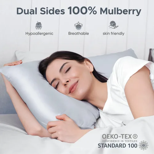 Vista 2 de [Usado] Funda de almohada de seda de morera 100 % pura para cabello y piel, resistente a los alérgenos, doble cara, fundas de almohada de seda